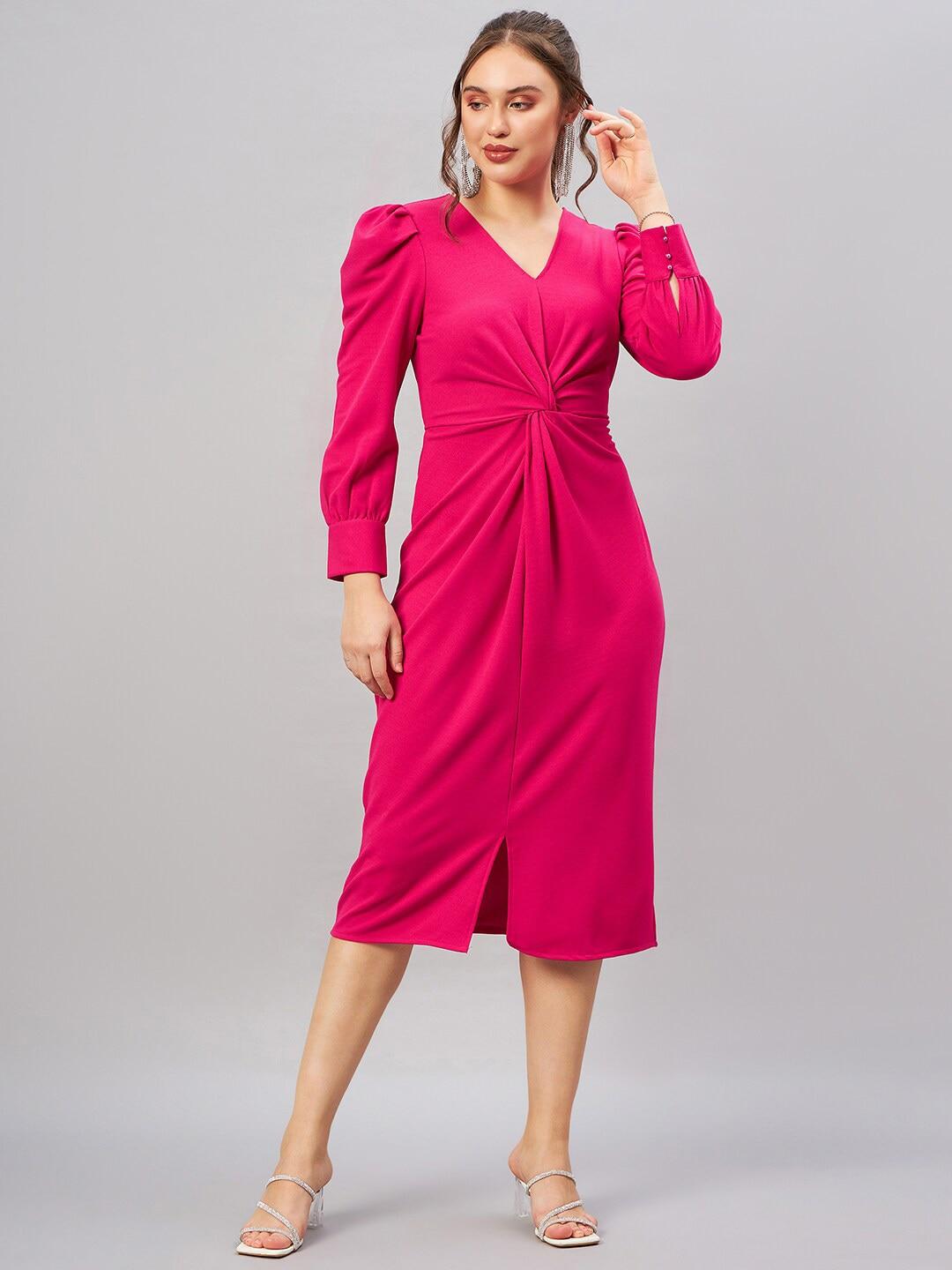 Antheaa Pink Shirt Collar Cuff Sleeves Pleated Sheath Midi Dress