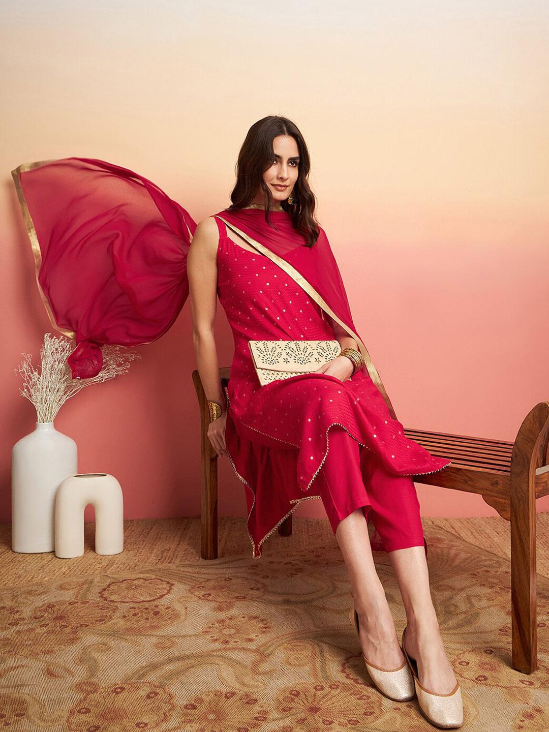 Sangria Embroidered Shoulder Straps Straight Kurta With Trousers & Dupatta