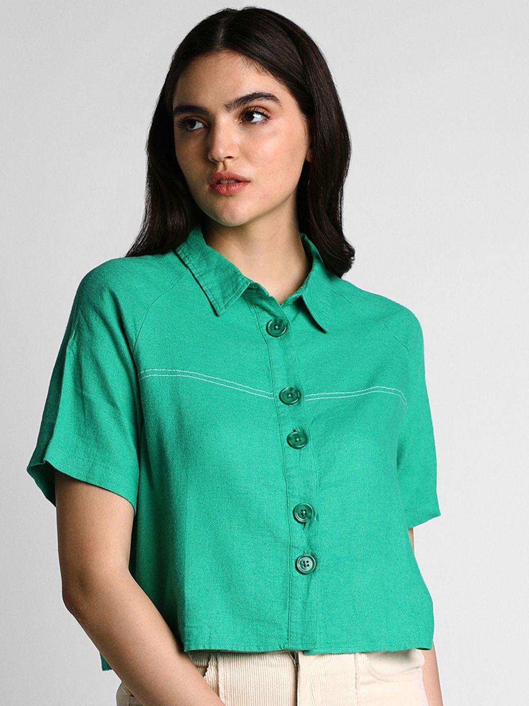 Allen Solly Woman Spread Collar Raglan Sleeves Regular Fit Casual Crop Shirt