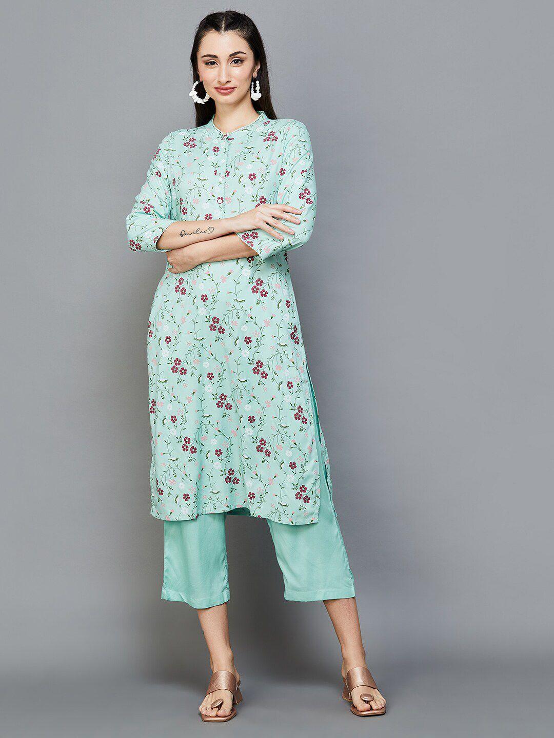 Melange by Lifestyle Floral Printed Mandarin Collar Straight Kurta with Trousers