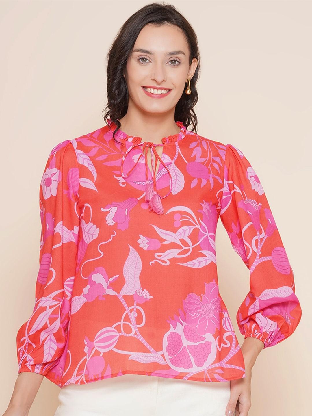 bhama-couture-floral-printed-tie-up-neck-puff-sleeves-ruffles-cotton-top