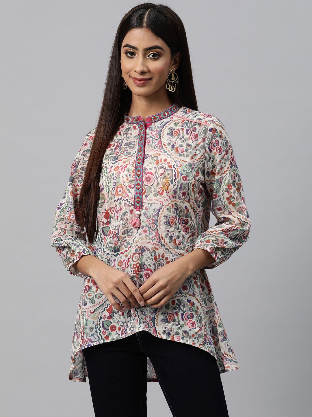 Nayam By Lakshita Floral Print Mandarin Collar Puff Sleeve Cotton Top
