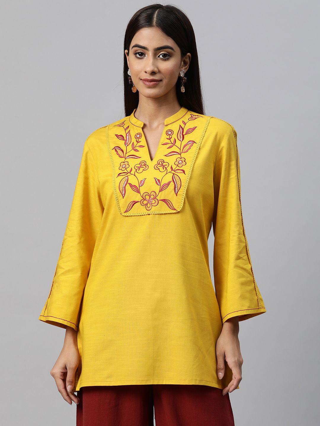 Nayam By Lakshita Floral Embroidered Mandarin Collar Bell Sleeve Cotton Top