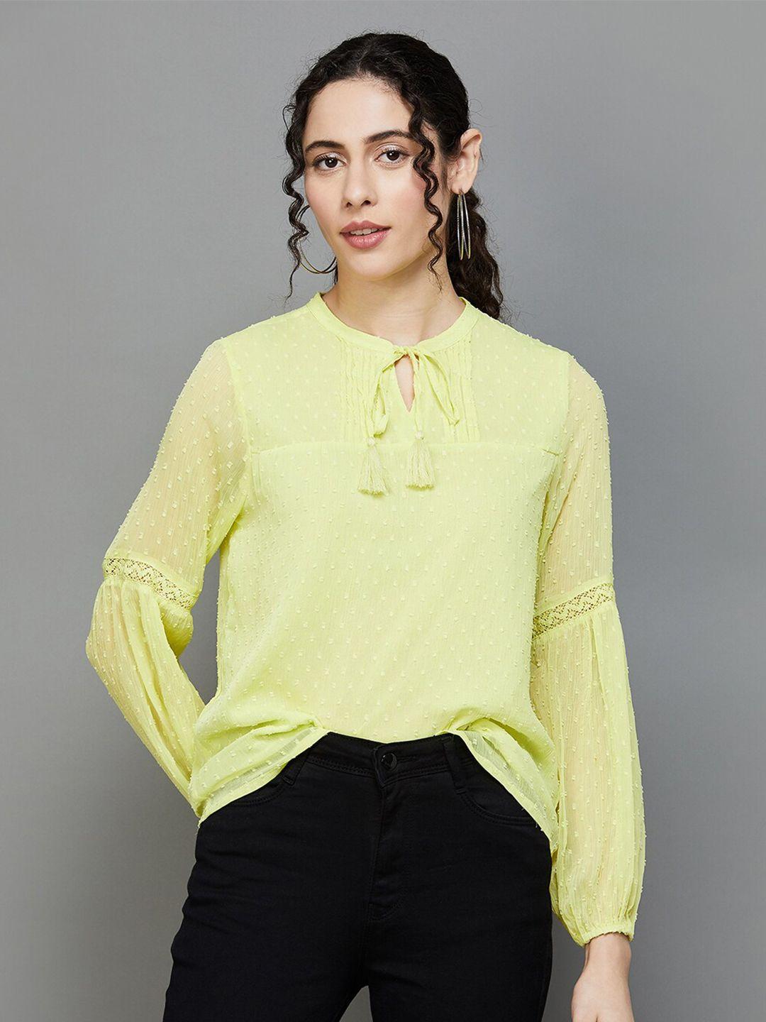 fame-forever-by-lifestyle-yellow-&-dirty-white-tie-up-neck-cotton-top