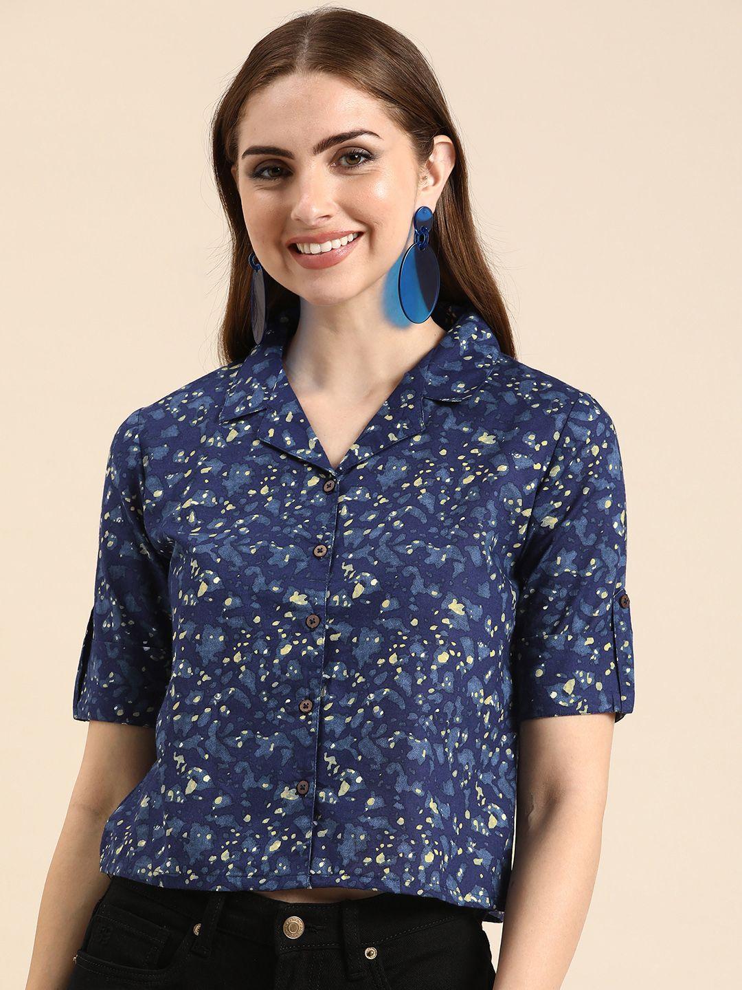 Anouk Abstract Print Roll-Up Sleeves Indigo Cotton Shirt Style Crop Top