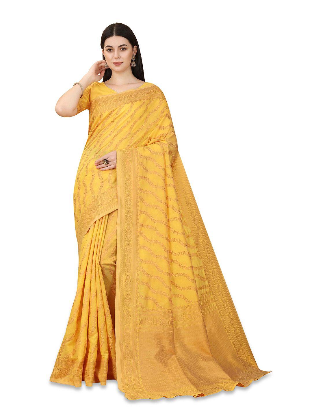 TAVAS Yellow & Gold-Toned Woven Design Zari Pure Georgette Banarasi Saree