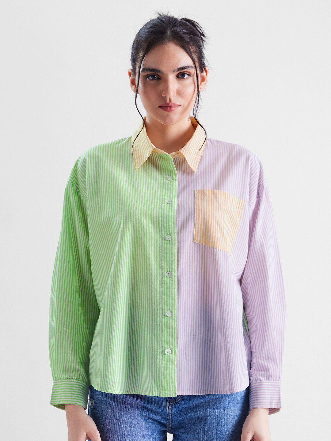 The Souled Store Green & purple Vertical Striped Oversized Pure Cotton Casual Shirt