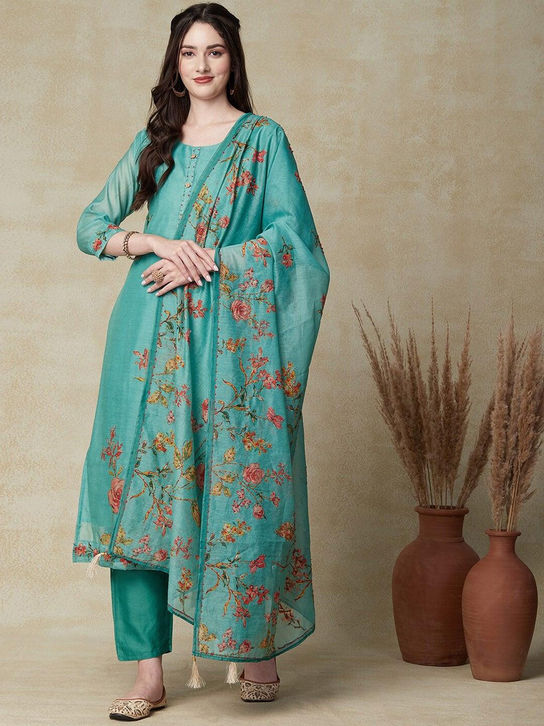 FASHOR Sea Green Floral Screen Printed Sequinned Detail Kurta with Trousers & Dupatta