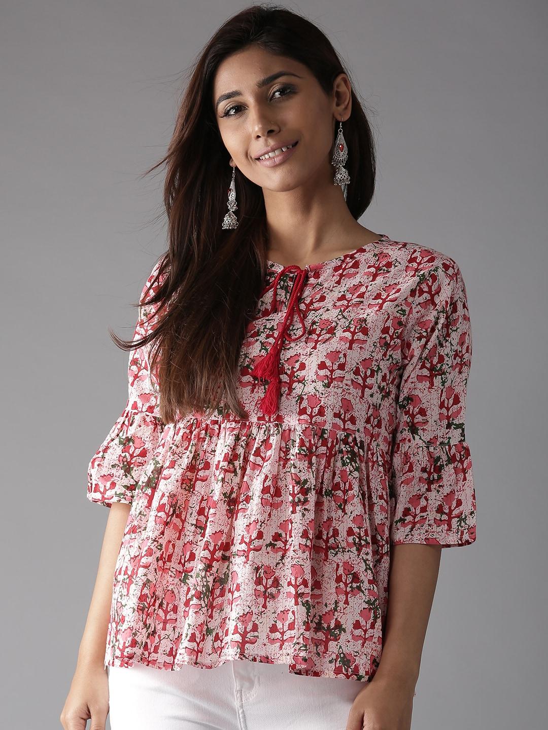 here&now-red-&-off-white-floral-empire-pure-cotton-top-with-bell-sleeves