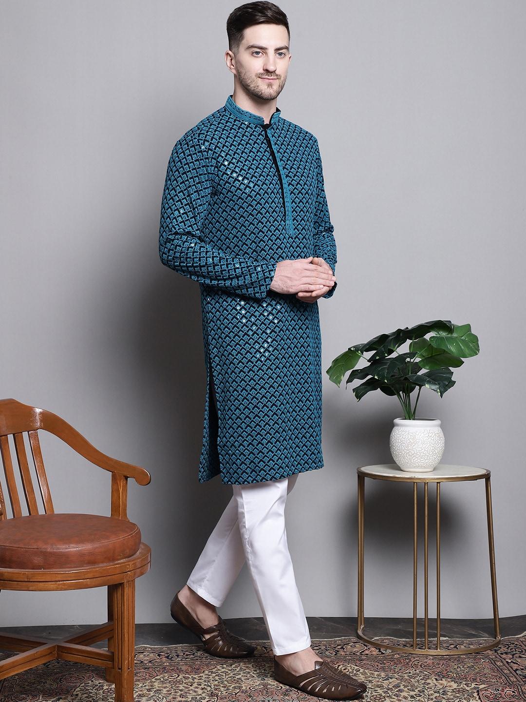 Jompers Geometric Self Design Sequinned Pure Cotton Kurta With Pyjamas