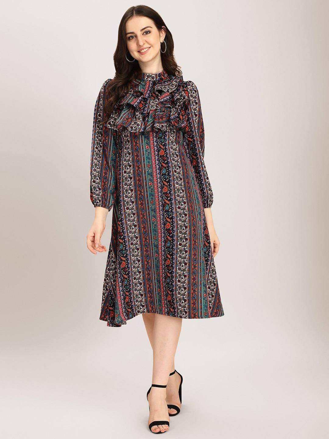 BAESD Floral Printed High Neck Puff Sleeves Ruffles Detail A-Line Dress