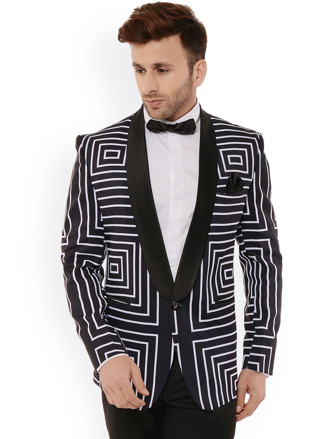 Hangup Men Black & White Geometric Regular Fit Print Tuxedo Blazer