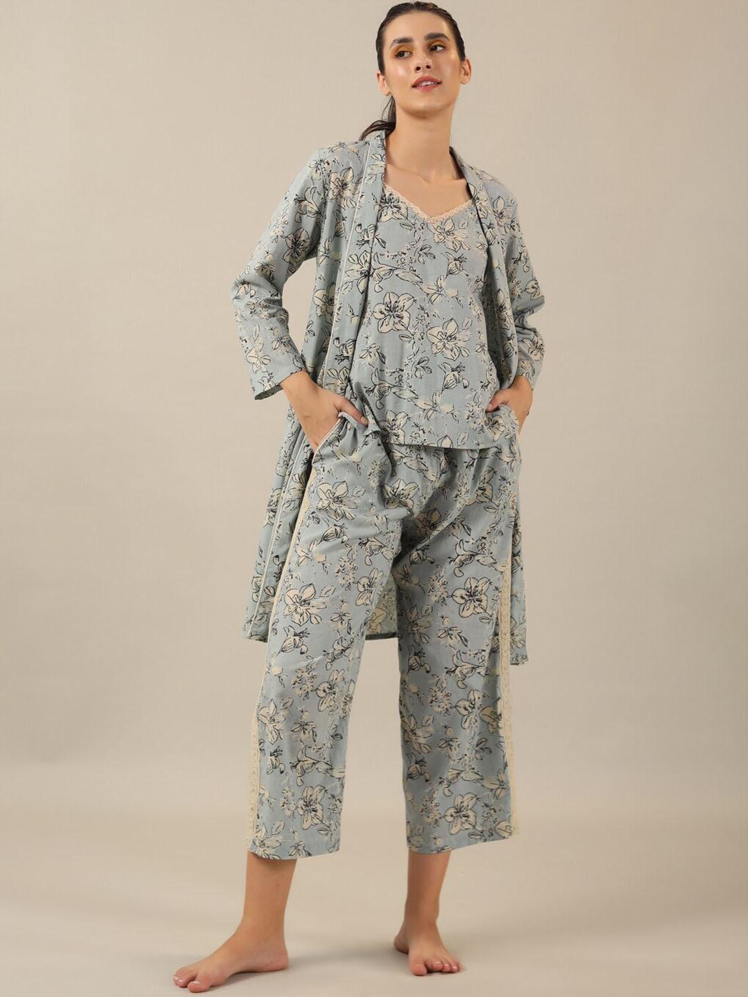 SANSKRUTIHOMES Sea Green 3-Pieces Floral Printed Pure Cotton Nightsuit