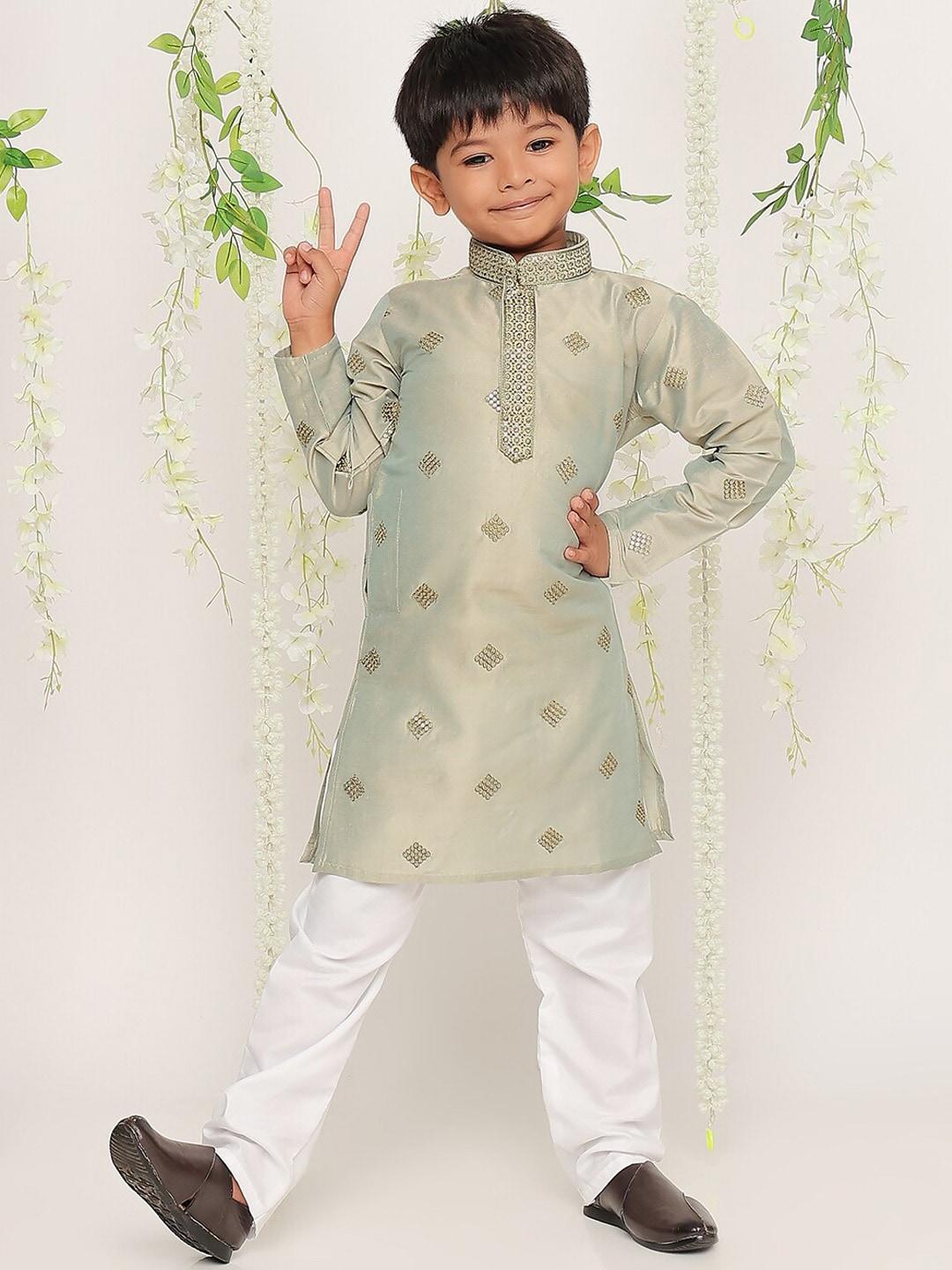 KID1 Boys Geometric Embroidered Mandarin Collar Sequinned Straight Kurta With Pyjamas