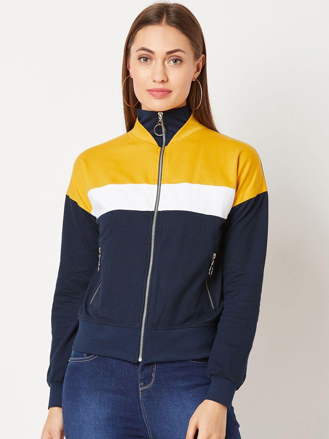 Miss Chase Colourblocked Stand Collar Pure Cotton Bomber Jacket