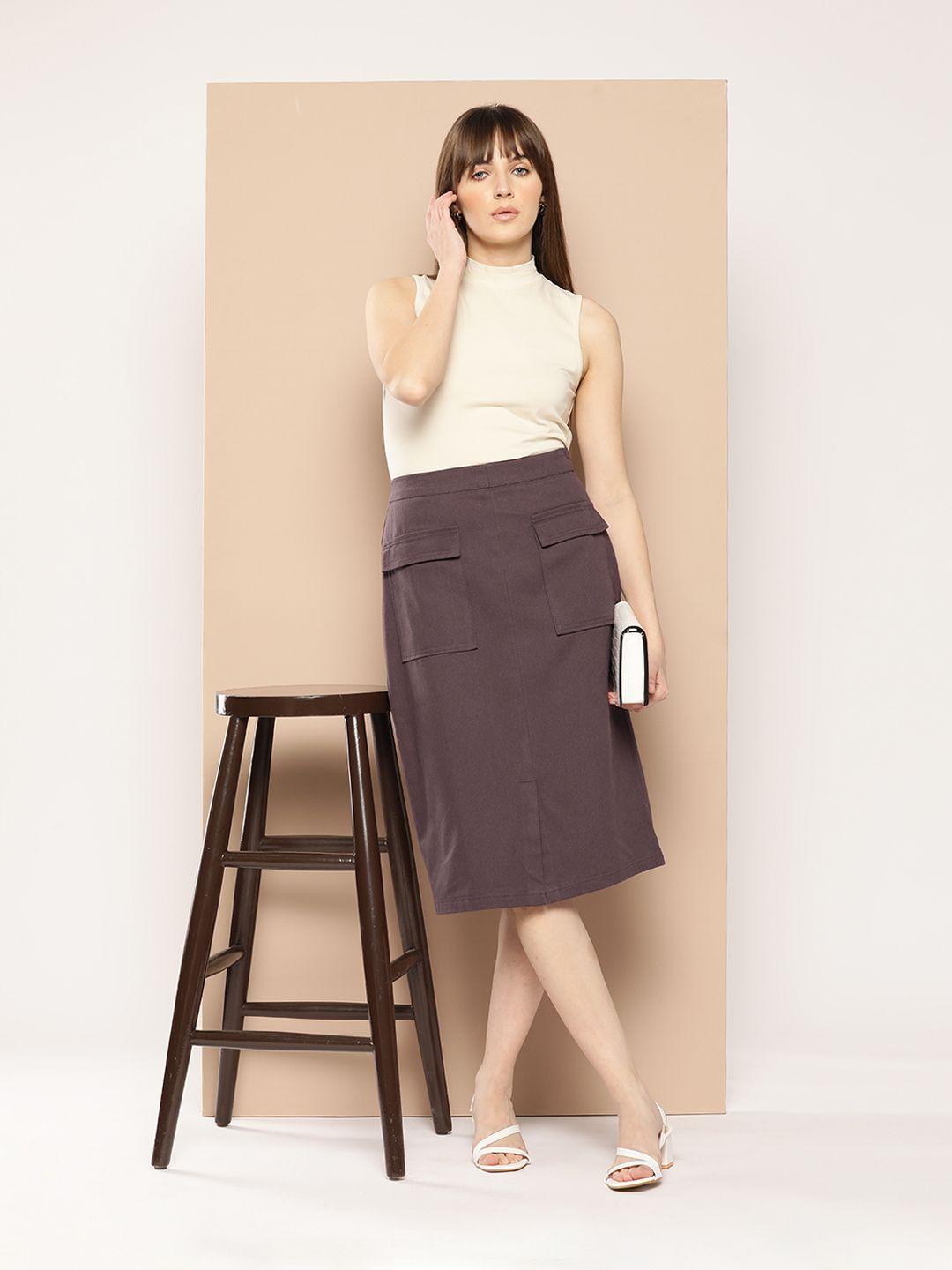Chemistry Cotton Front Slit Midi Straight Skirt