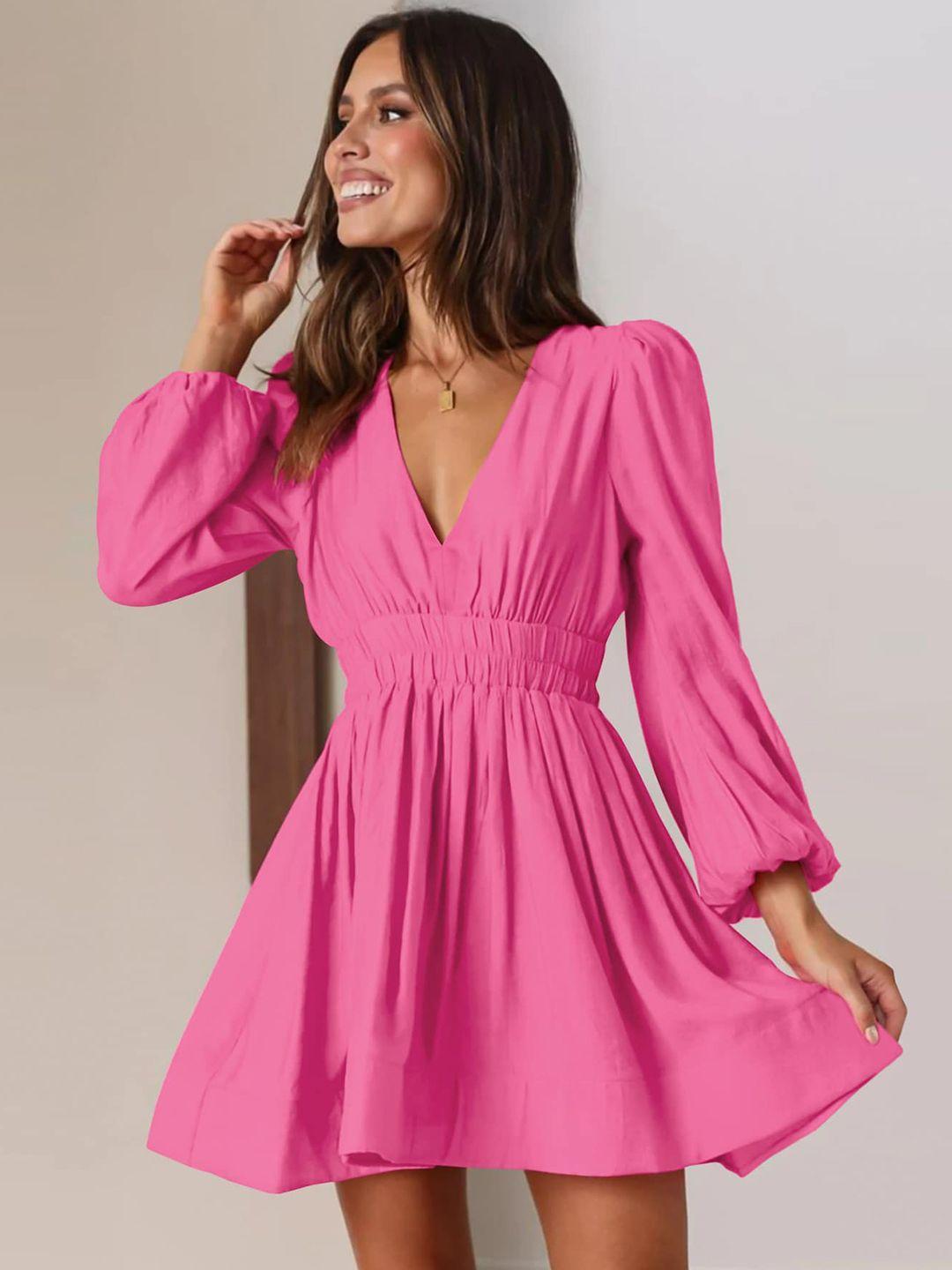 bostreet-pink-v-neck-puff-sleeve-gathered-fit-&-flare-dress
