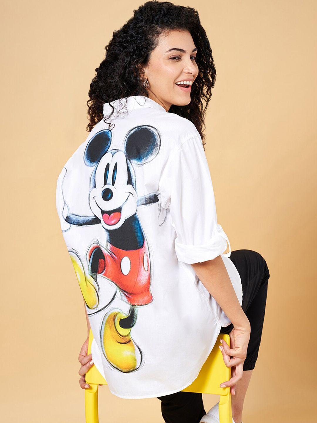 Honey by Pantaloons Mickey Mouse Printed Spread Collar Roll-Up Sleeves Cotton Shirt