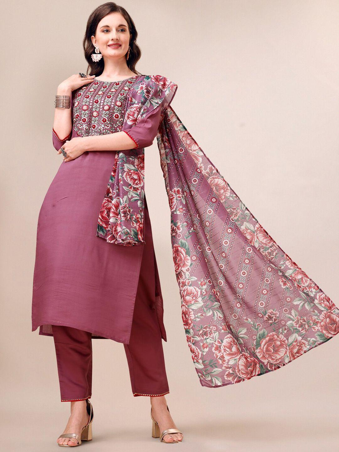 Berrylicious Floral Embroidered Thread Work Chanderi Cotton Kurta With Trousers & Dupatta