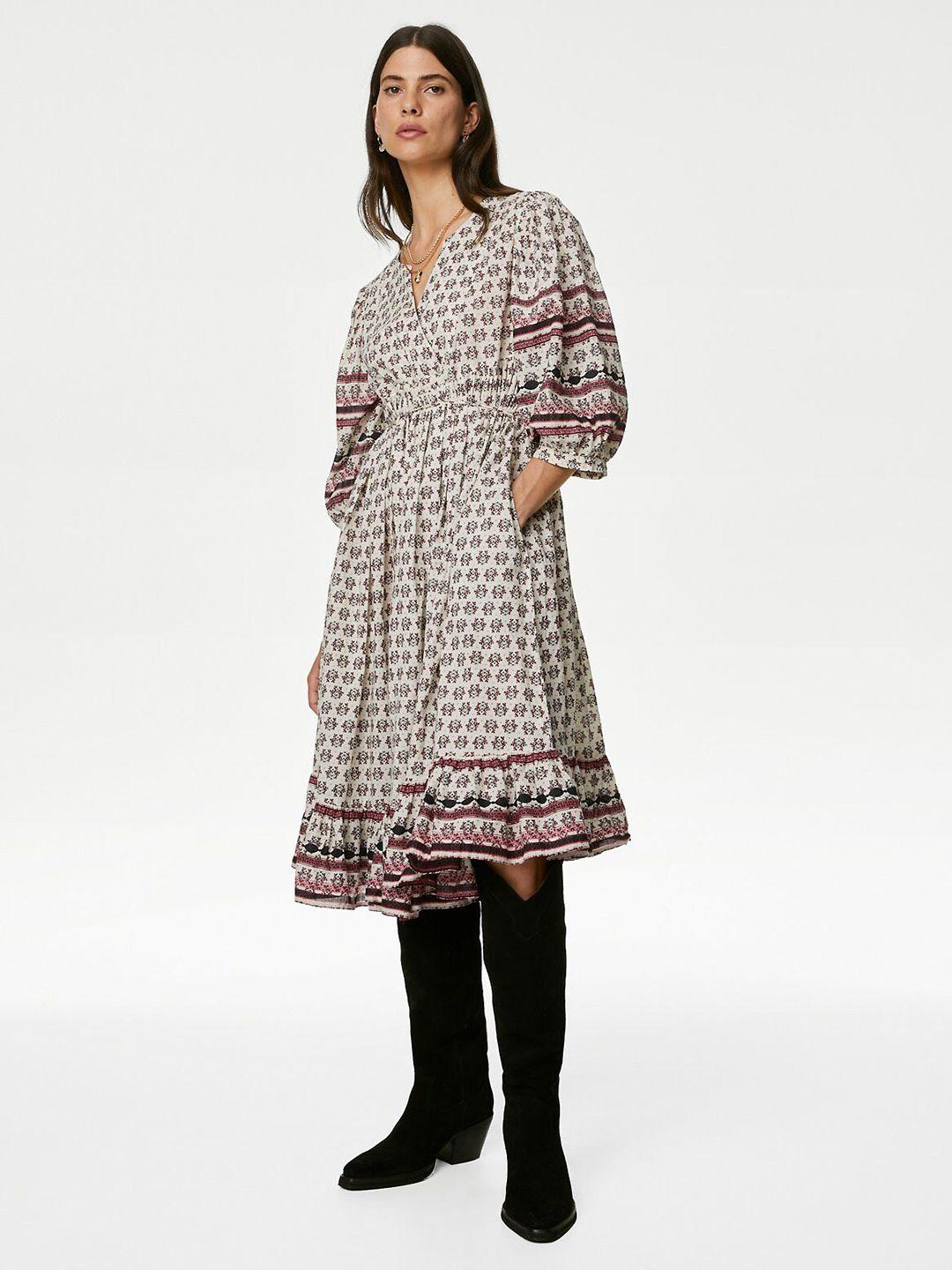 marks-&-spencer-floral-printed-puff-sleeves-gathered-cotton-fit-&-flare-dress
