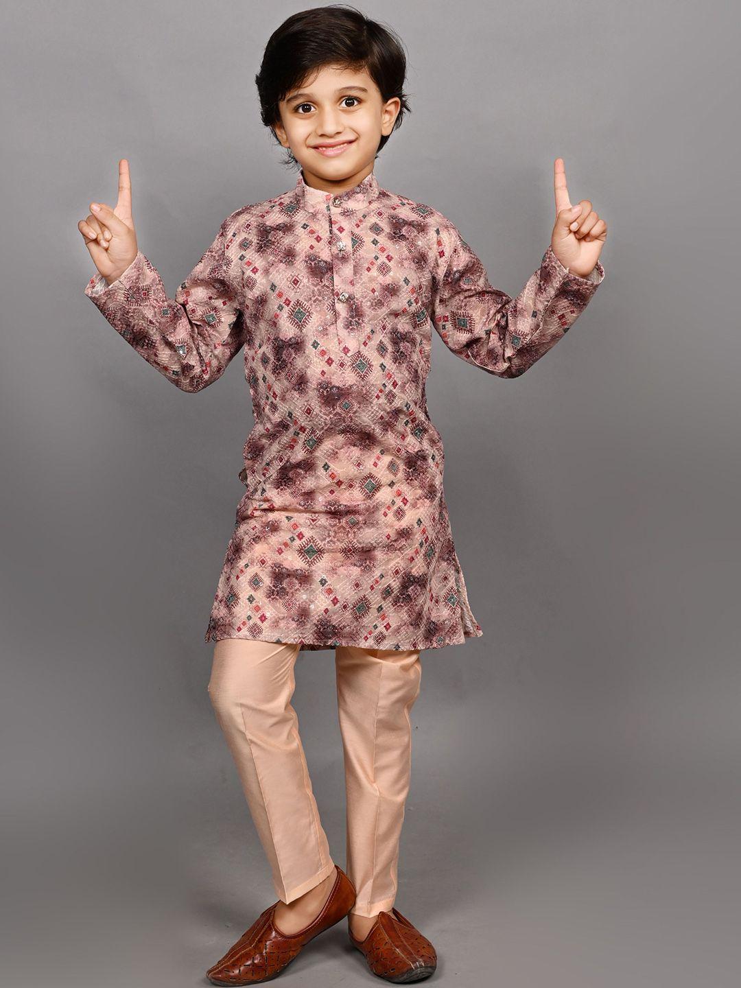 ahhaaaa Boys Ethnic Motifs Printed Band Collar Straight Pure Cotton Kurta with Trousers