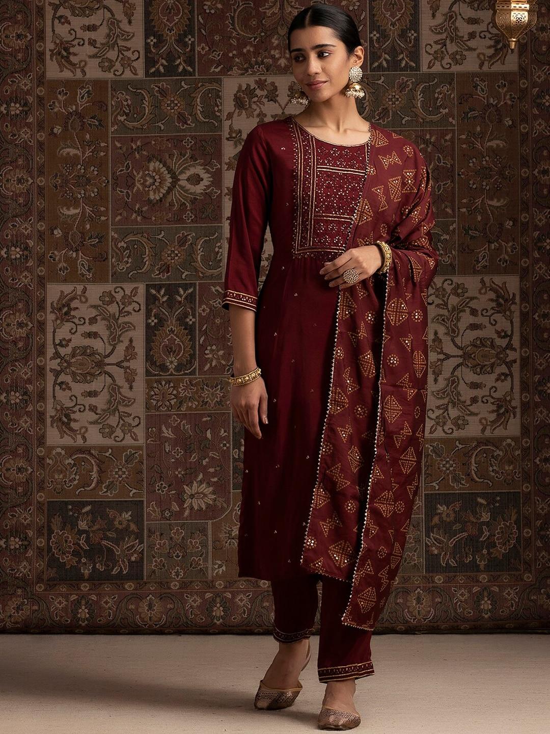 indo-era-maroon-floral-yoke-design-sequined-straight-kurta-with-trousers-and-dupatta