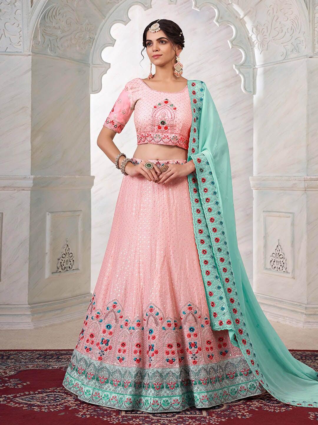 Fusionic Pink & Green Embroidered Thread Work Semi-Stitched Lehenga & Unstitched Blouse With Dupatta