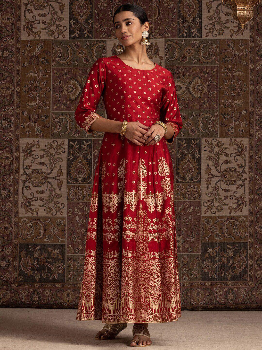 Indo Era Red Ethnic Motifs Printed Liva Maxi Ethnic Dress