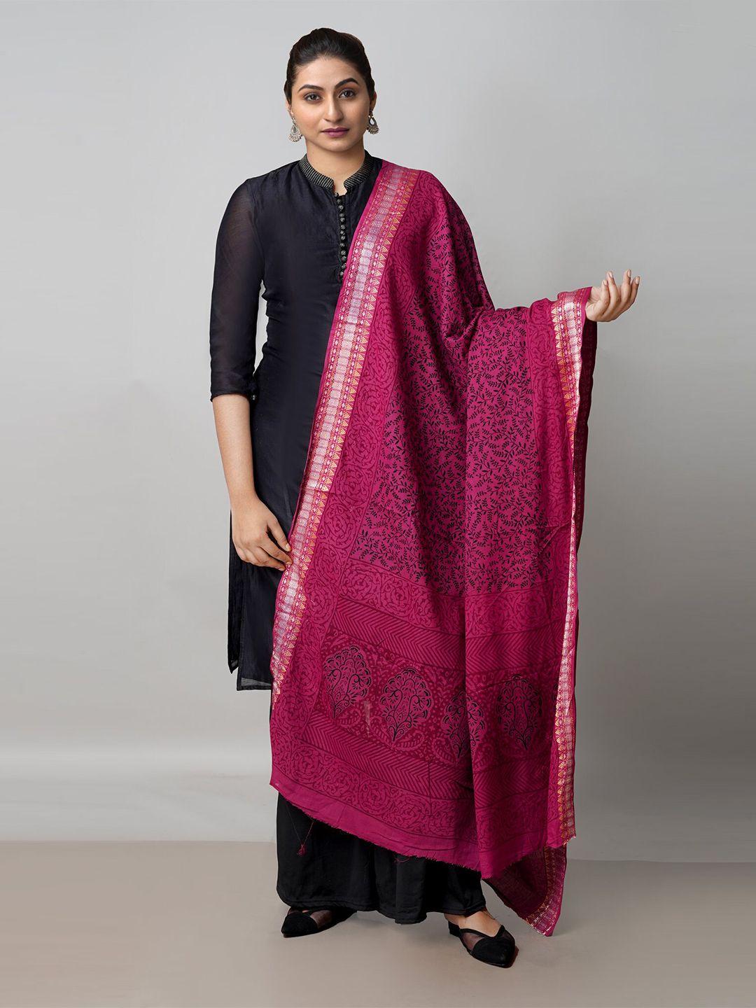 unnati-silks-pink-&-black-ethnic-motifs-printed-pure-cotton-dupatta-with-zari