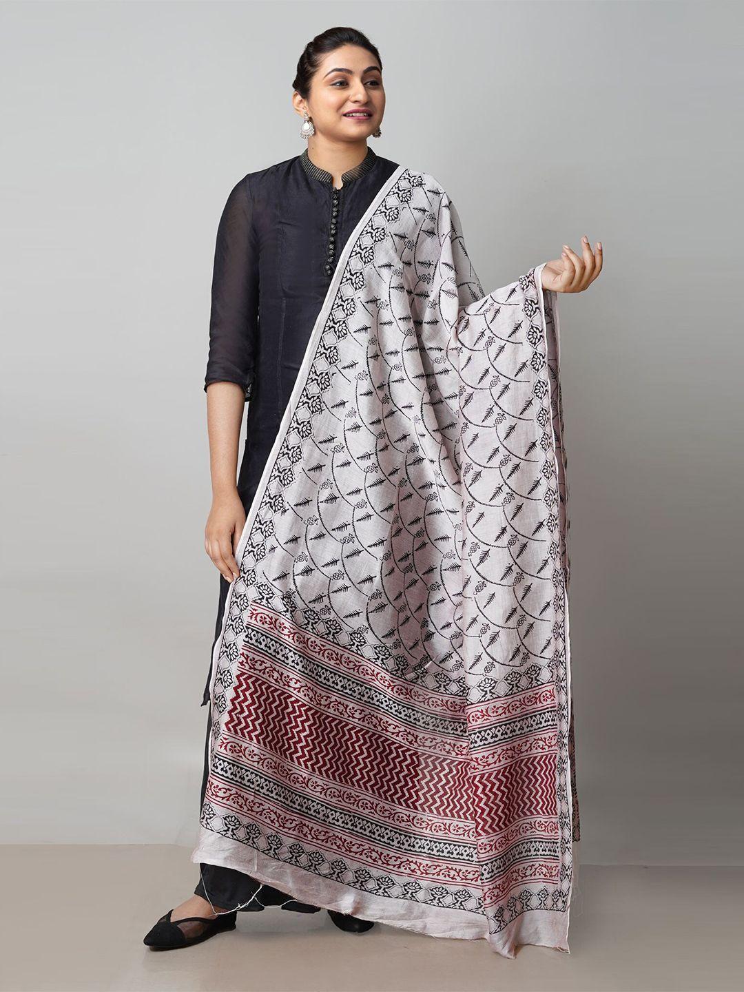 Unnati Silks Beige & Maroon Ethnic Motifs Printed Pure Cotton Dupatta