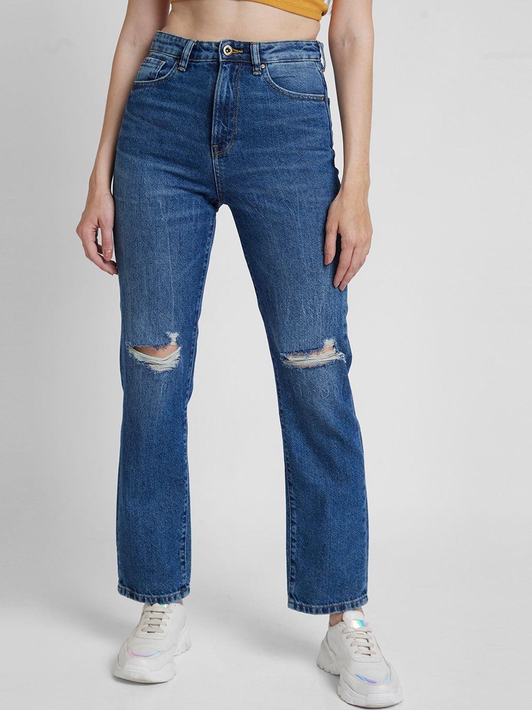 spykar-women-straight-fit-high-rise-slash-knee-light-fade-stretchable-jeans
