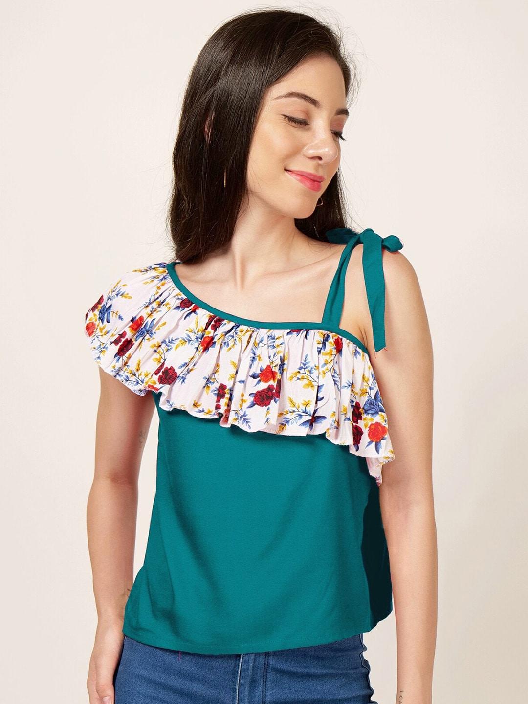 PATRORNA Floral Printed One Shoulder Ruffle Cotton Top