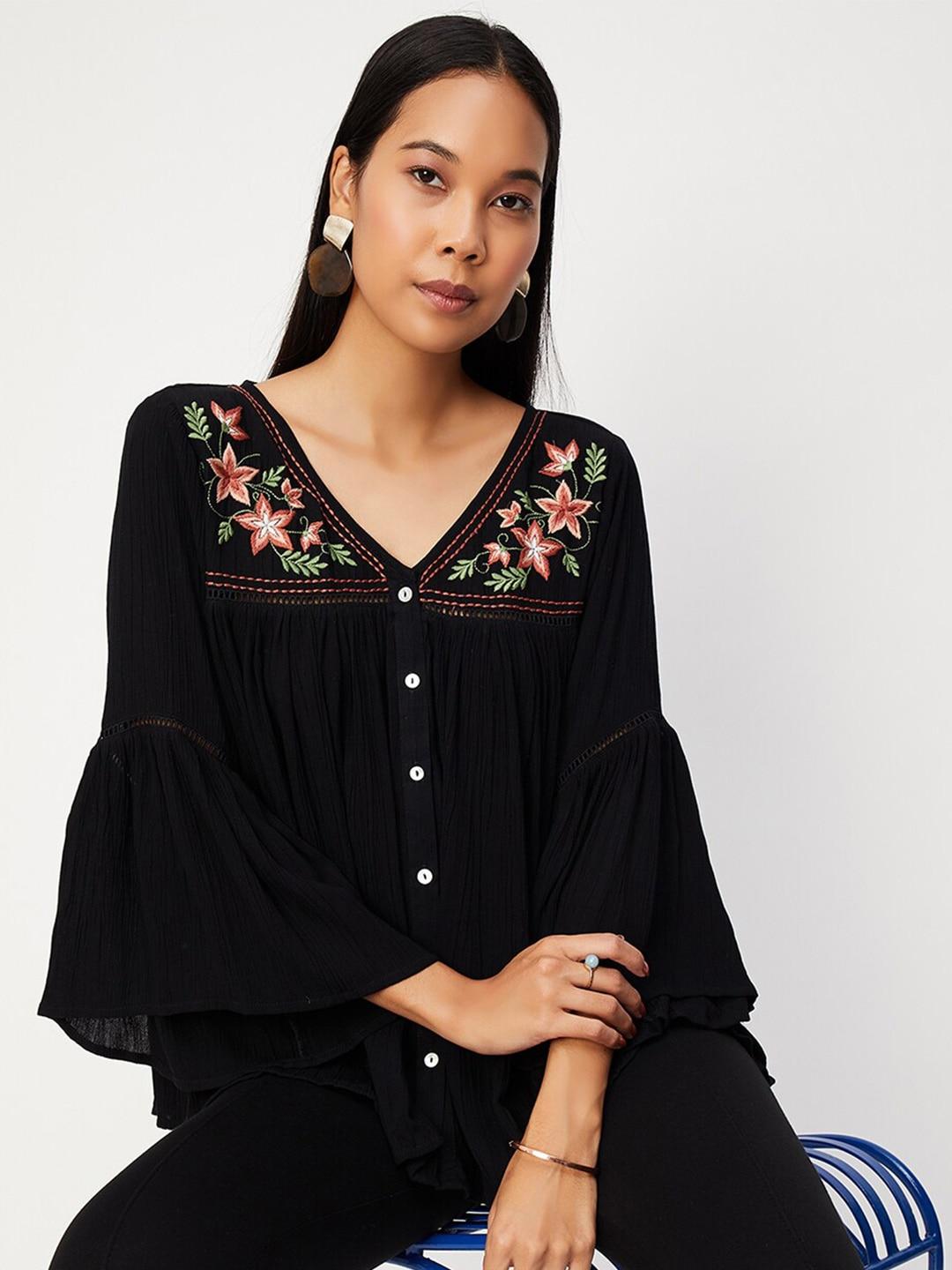 max Bell Sleeves Embroidered Detailed A-Line Top