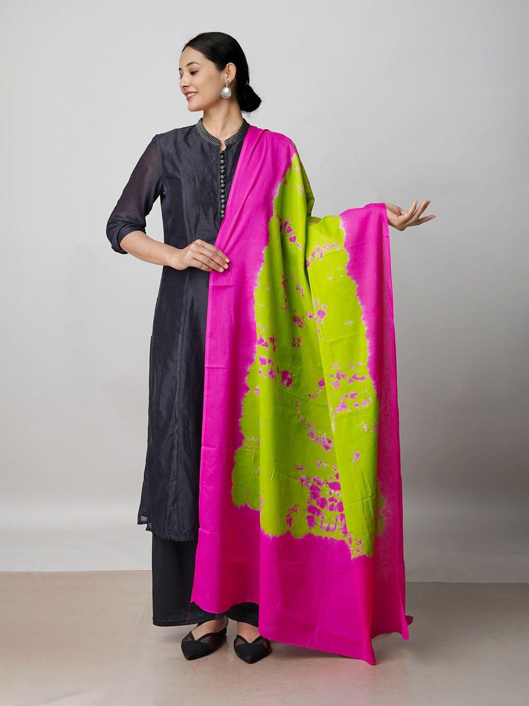 Unnati Silks Green & Pink Ombre Dyed Pure Cotton Tie and Dye Dupatta