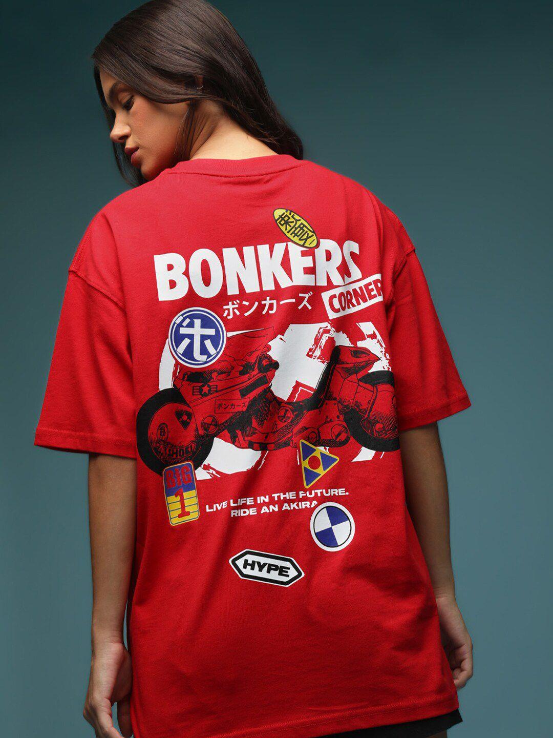 Bonkers Corner Red Graphic Printed Drop-Shoulder Sleeves Cotton Loose T-shirt
