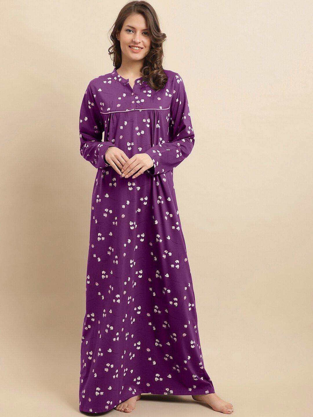 Kanvin Purple Floral Printed Pure Cotton Maxi Nightdress