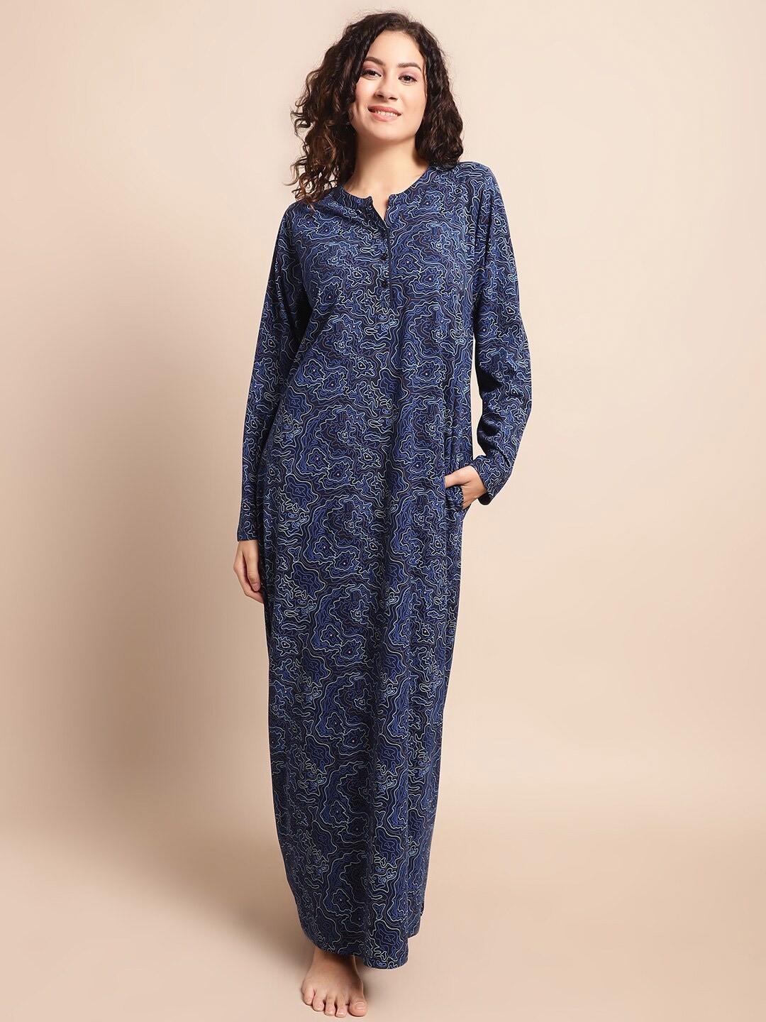 Kanvin Navy Blue Abstract Printed Pure Cotton Maxi Nightdress