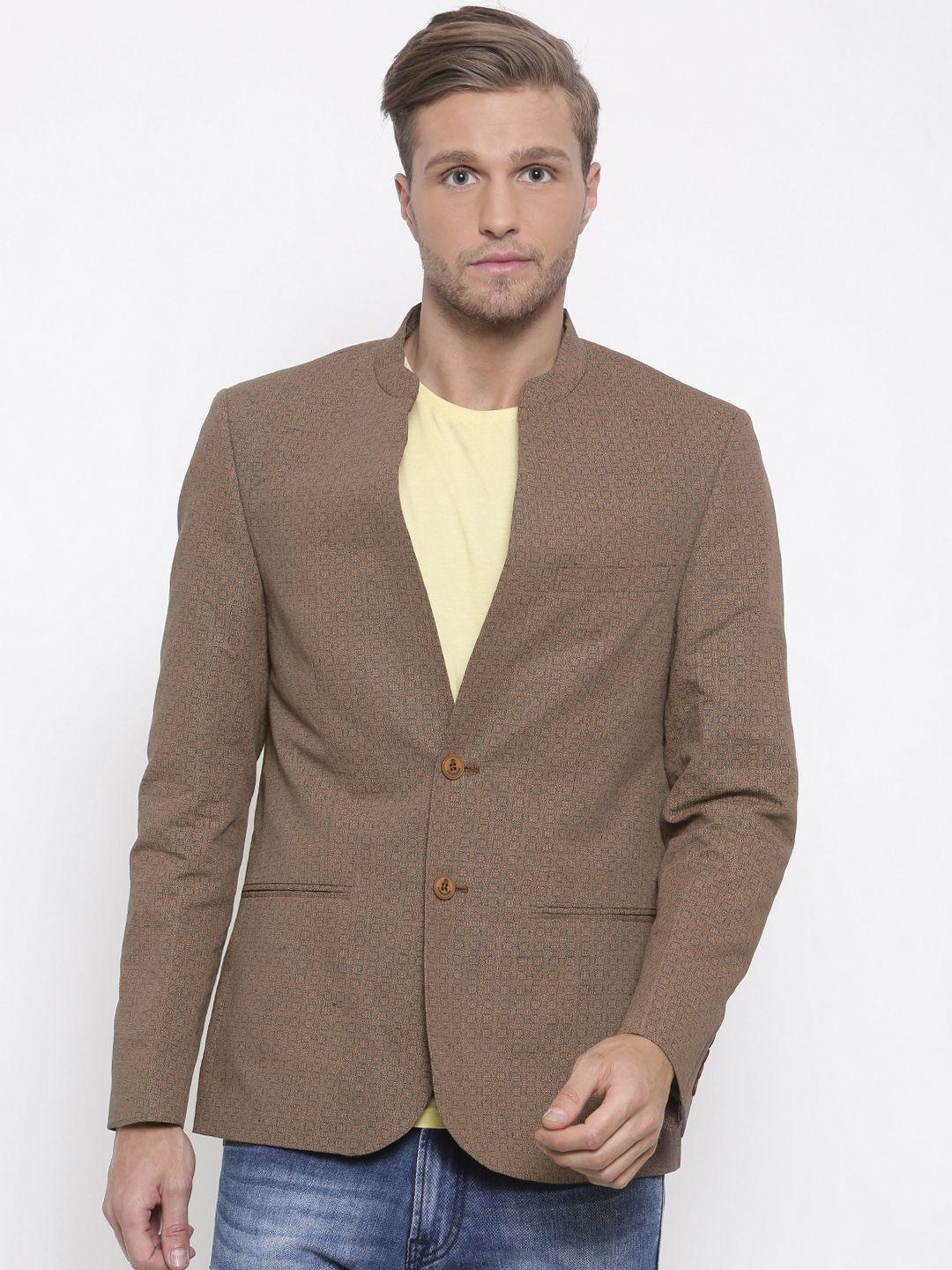Lombard Brown Printed Slim Fit Single-Breasted Casual Blazer
