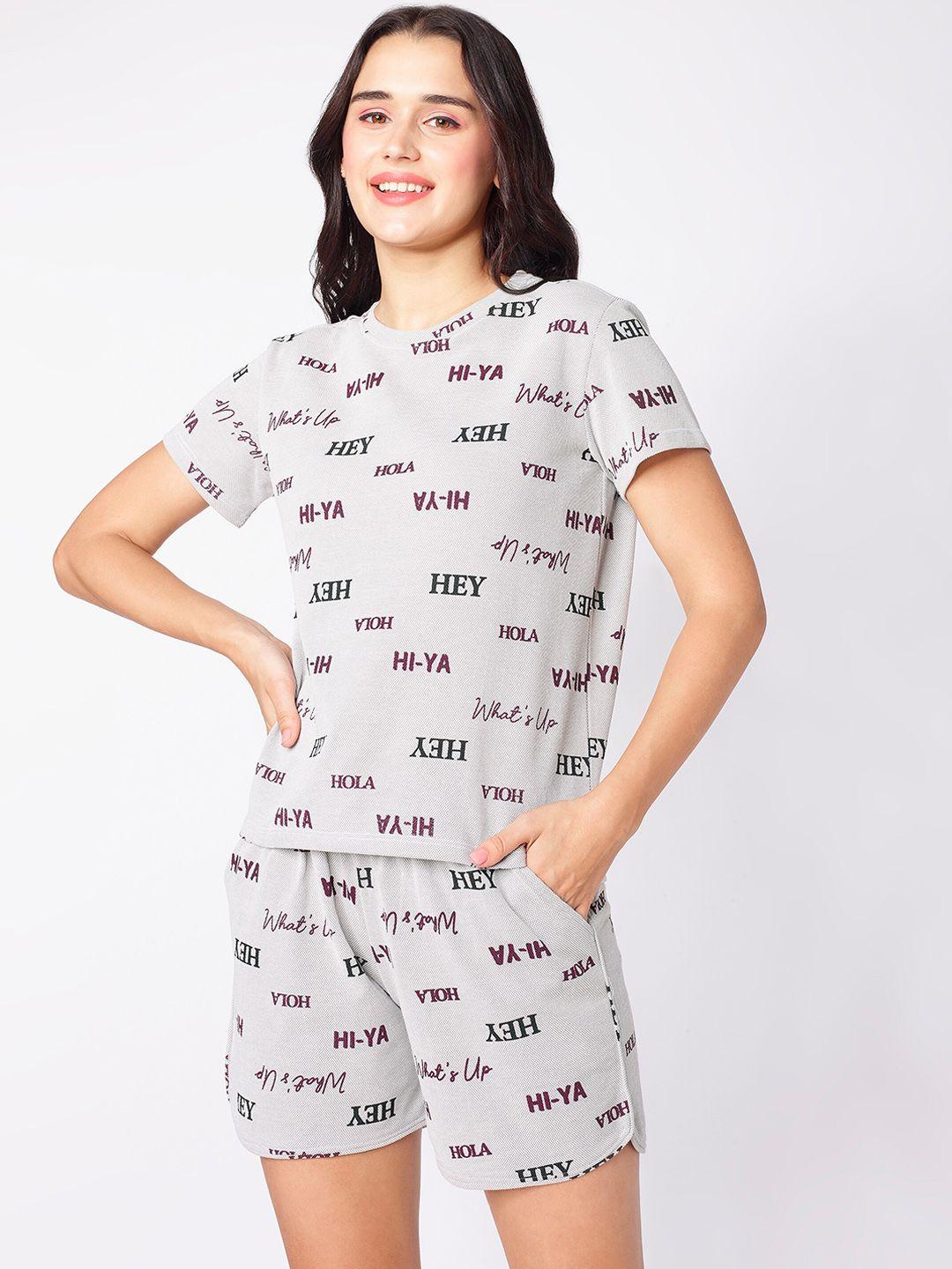beebelle Grey & Red Typography Printed Night suit