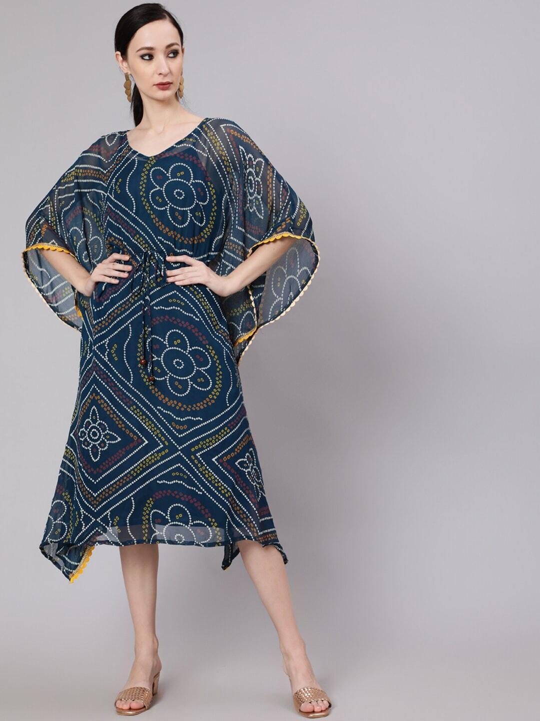 AKS Blue Ethnic Motifs Print Puff Sleeve Georgette A-Line Midi Dress