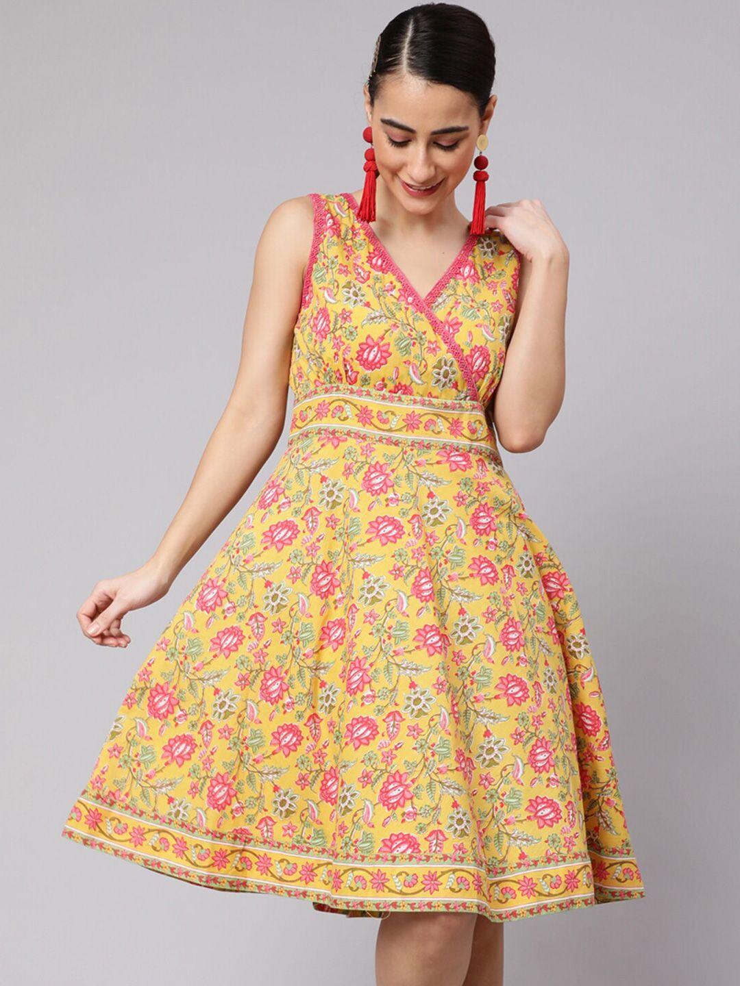 aks-v-neck-floral-printed-angrakha-style-a-line-cotton-above-knee-dress