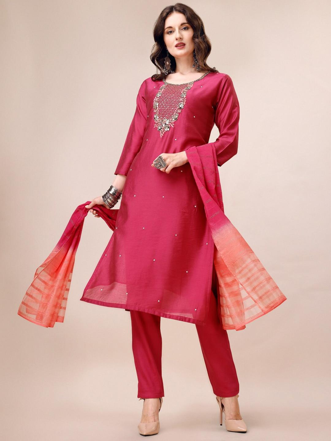 Berrylicious Embroidered Beads and Stones Chanderi Cotton Kurta & Trousers With Dupatta