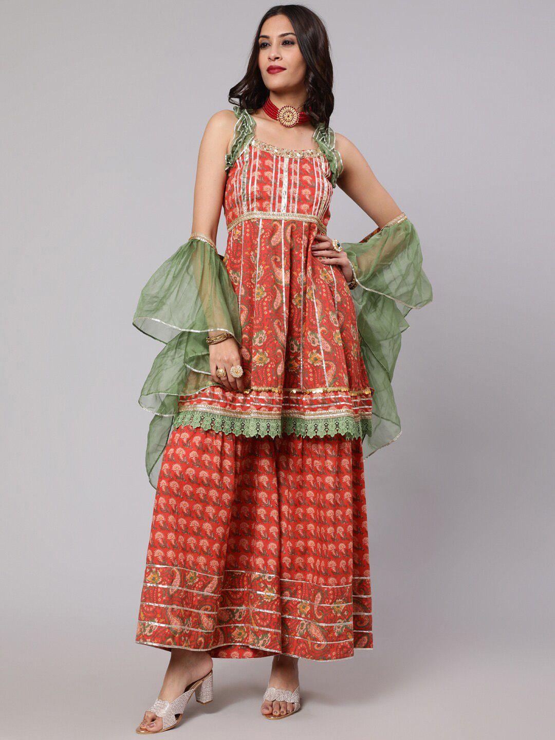 AKS Couture Women Red Ethnic Motifs Embroidered Empire Gotta Patti Pure Cotton Kurta with Sharara