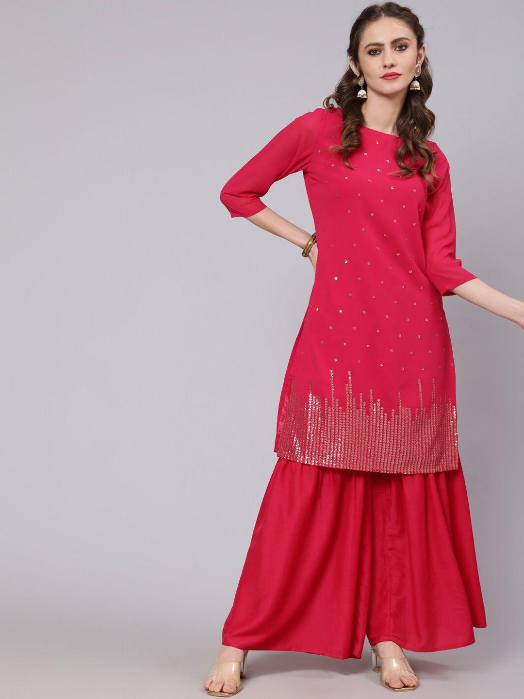 AKS Couture Women Pink Embroidered Regular Sequinned Kurta with Sharara