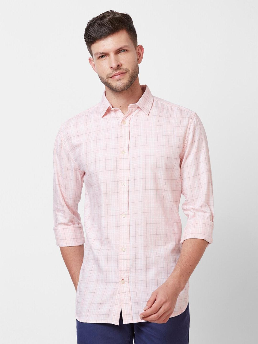 GIORDANO Men Pink Slim Fit Opaque Checked Casual Shirt