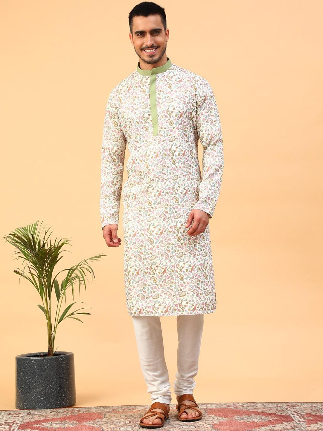 tabard-floral-printed-mandarin-collar-pure-cotton-kurta-with-churidar
