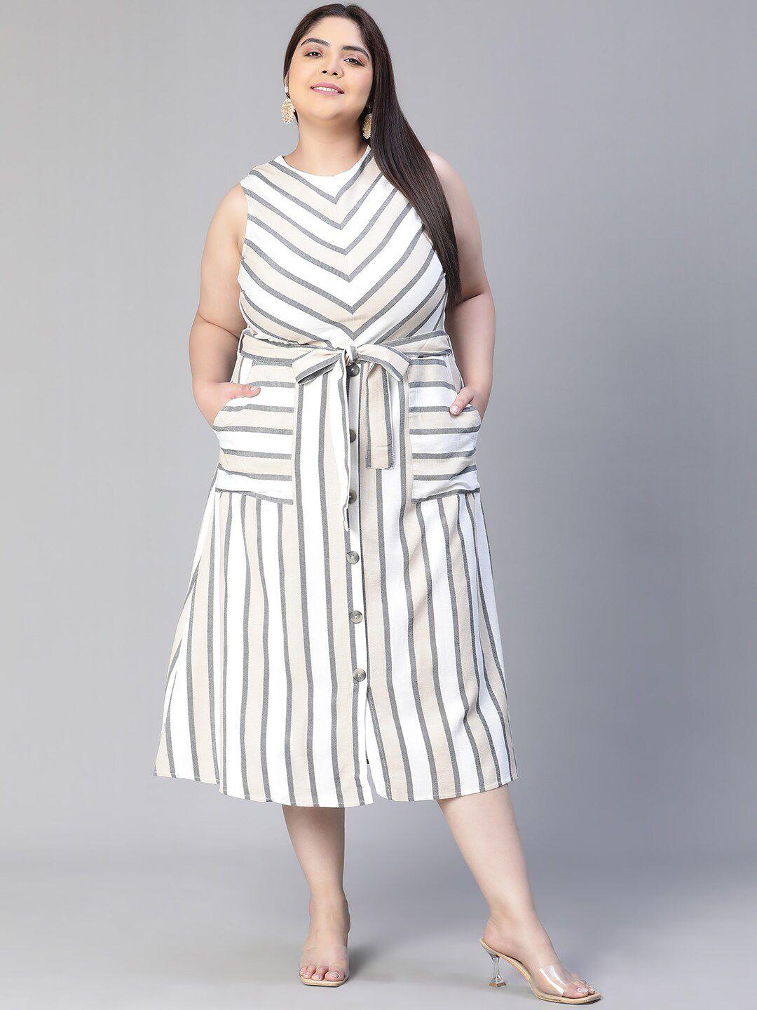 Oxolloxo Plus Size Striped Round Neck Cotton A-Line Dress