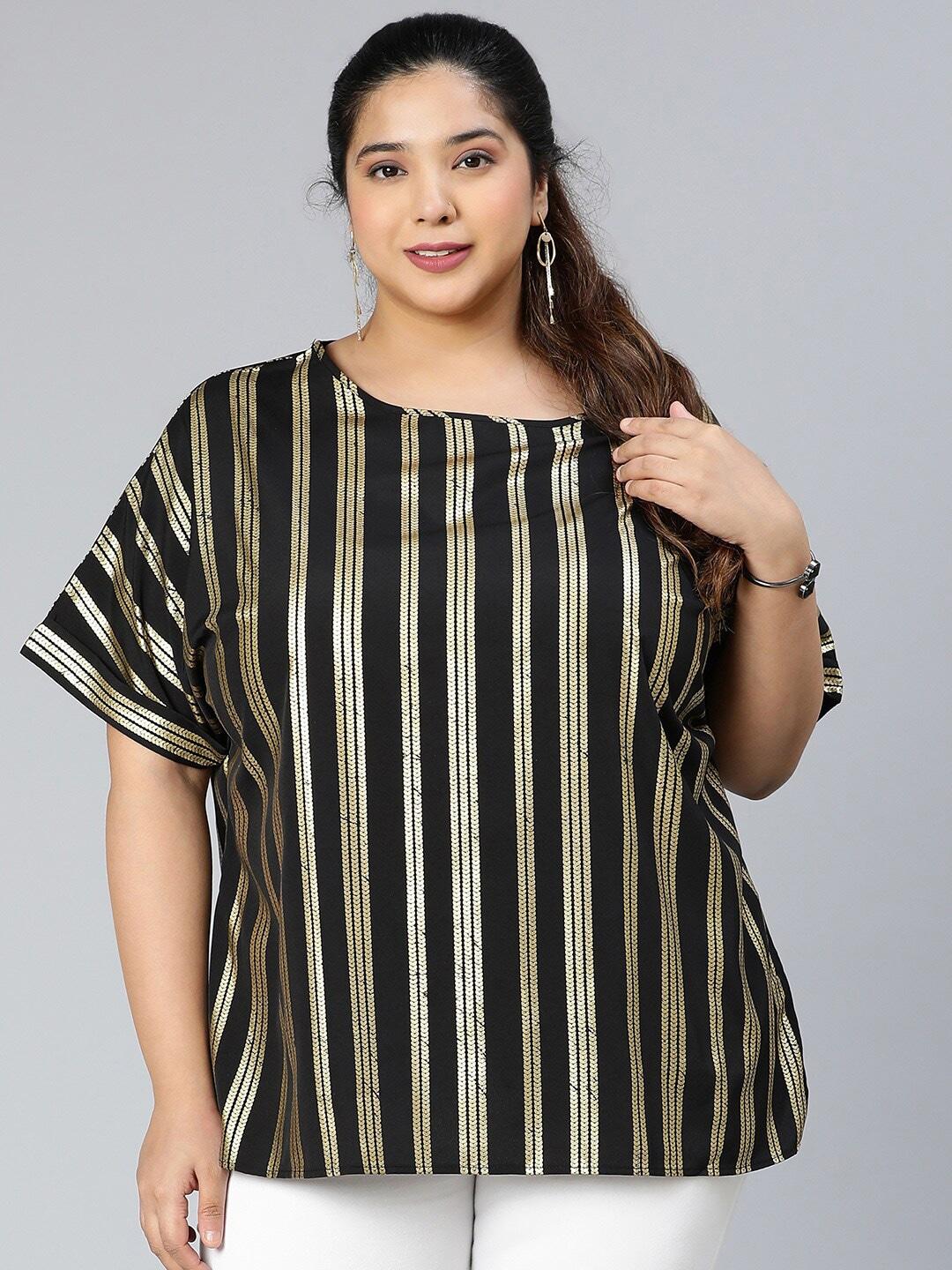 oxolloxo-plus-size-striped-extended-sleeves-crepe-top