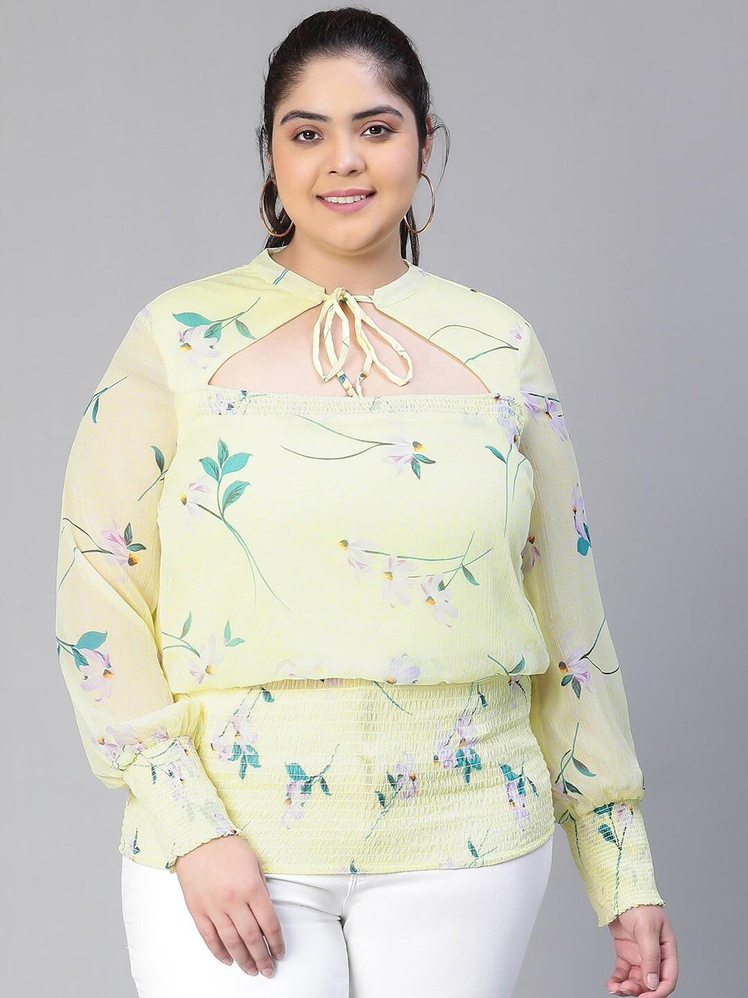 Oxolloxo Plus Size Floral Printed Tie-Up Neck Smocked Top