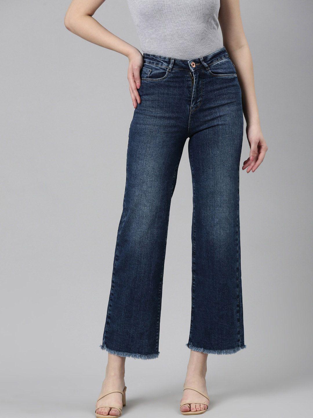 SHOWOFF Women High-Rise Stretchable Frayed Hem Cropped Wide Leg Jeans